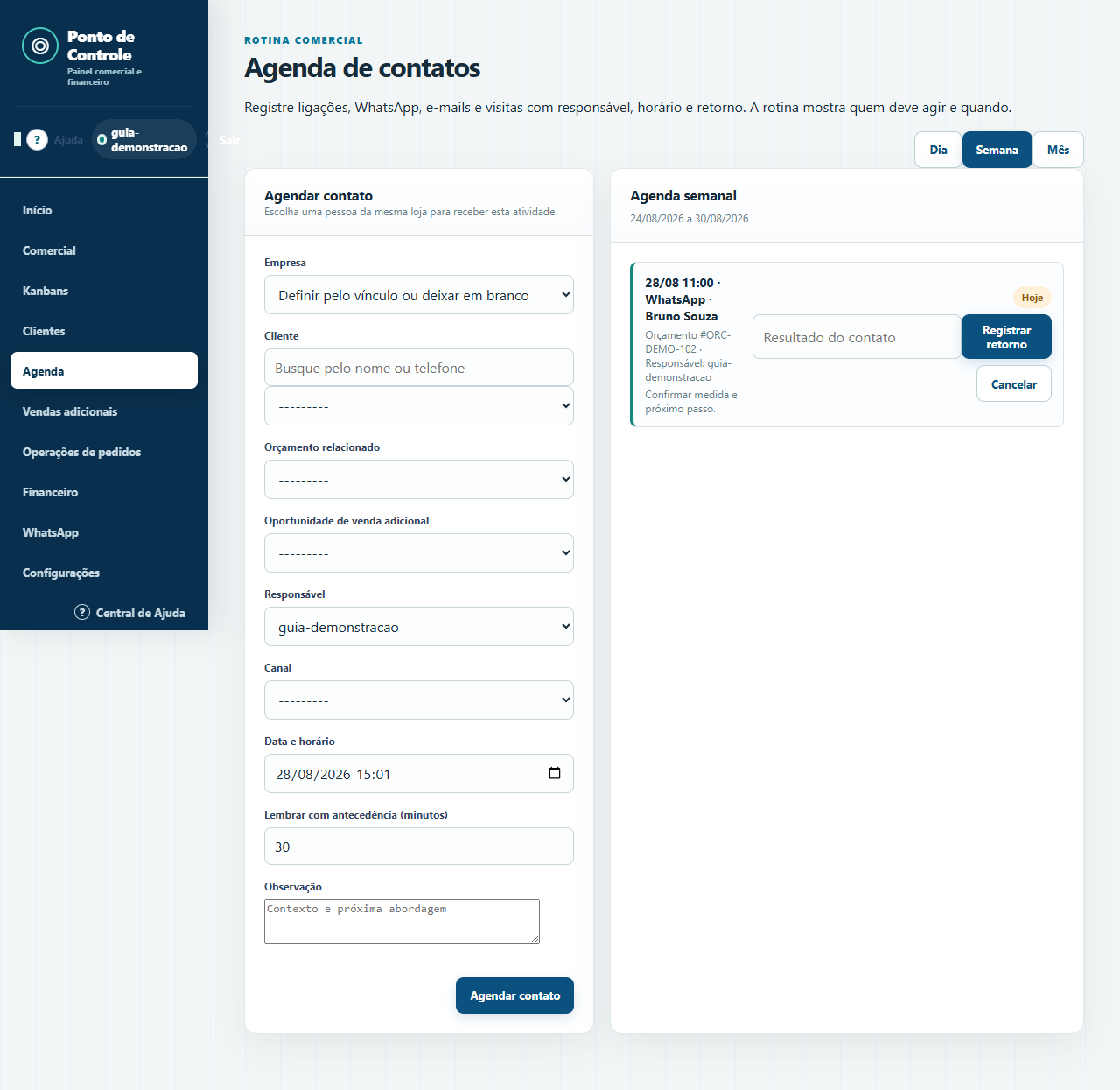 Follow-up comercial automatizado: agenda de contatos com cliente, responsável e prazo definido