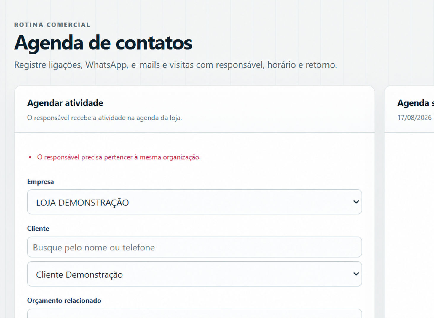 Tela demonstrativa da agenda de contatos do Ponto de Controle Gestão.